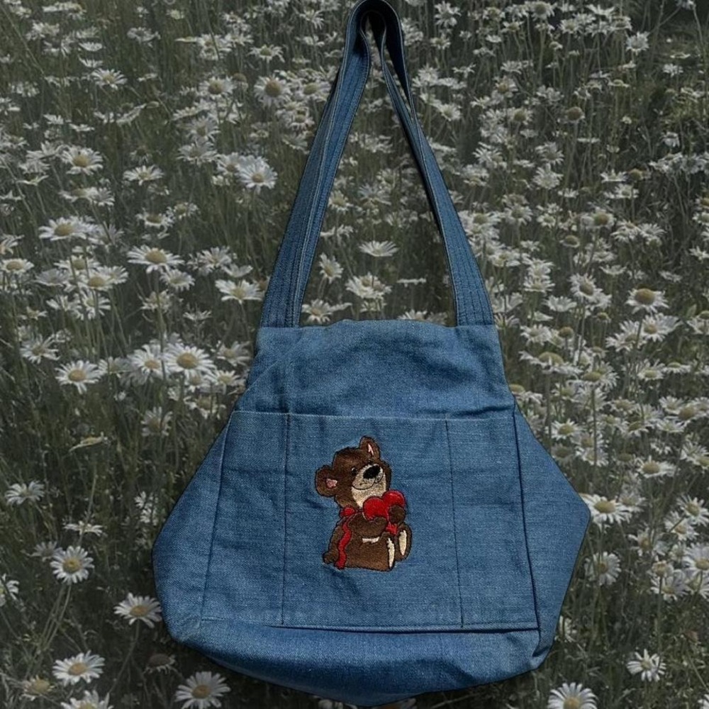 Handmade denim teddy bear slouchy hobo style bag purse
